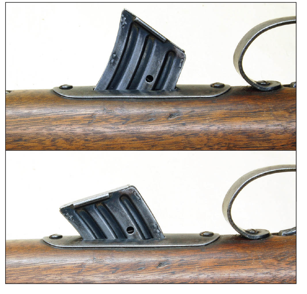 The floorplate of the magazine should be parallel with the bottom line of the stock for proper alignment with the lock. The top photo shows the misalignment that is possible before correcting the inletting. The bottom photo shows the magazine pushed forward.